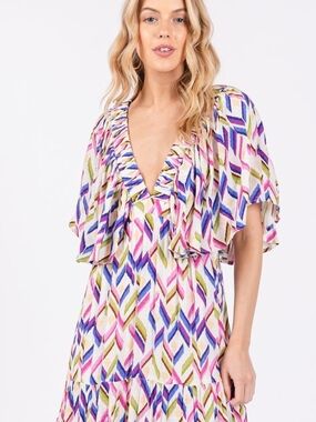 Flutter-Sleeve V-Neck Maxi Dress in Multi-Color Print